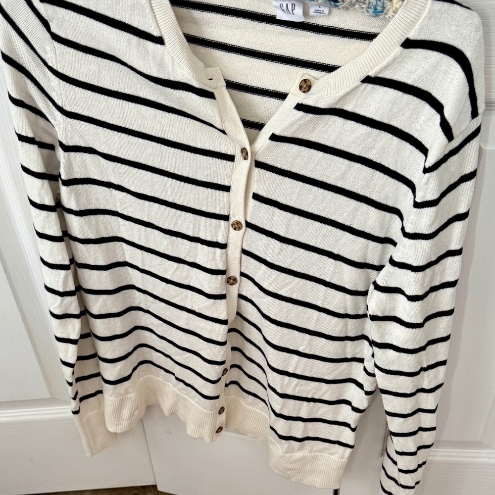 GAP Black and White Striped Cardigan; ladies size L.